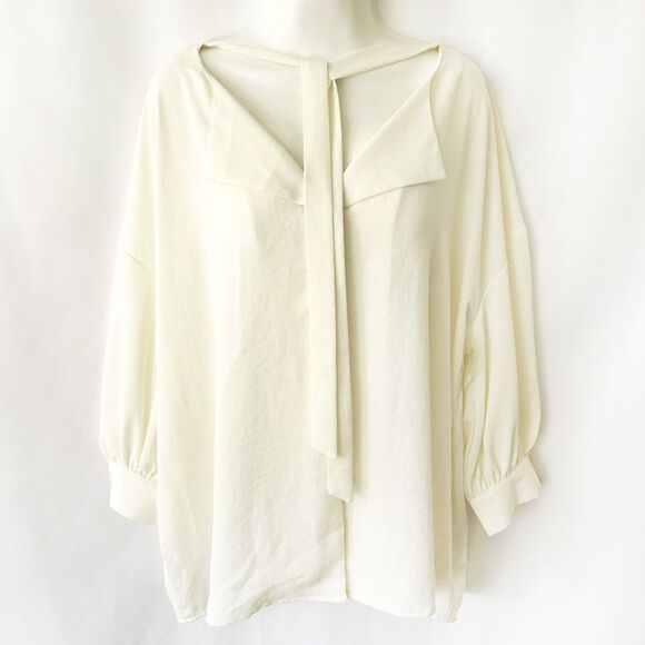 NWT Worthington Ivory Tie-Neck Lapel Blouse (XXL) Cuffs 3/4 Sleeves Plus Top - Picture 1 of 9